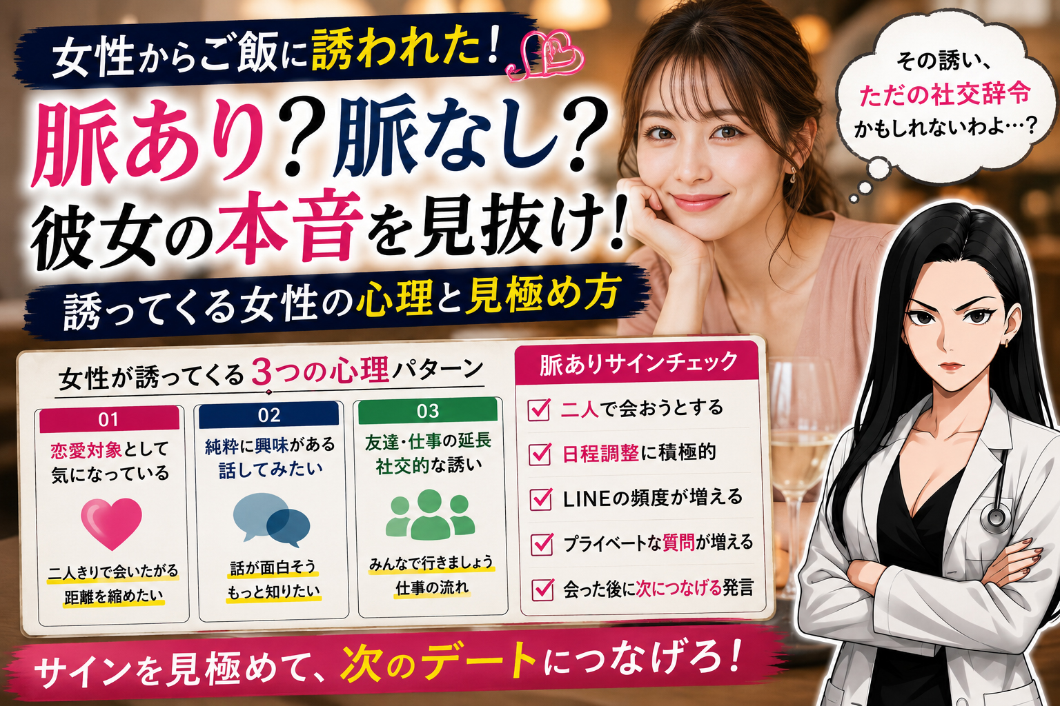 女性から誘う心理3選！食事やLINEで誘ってくる女性の本音を解説